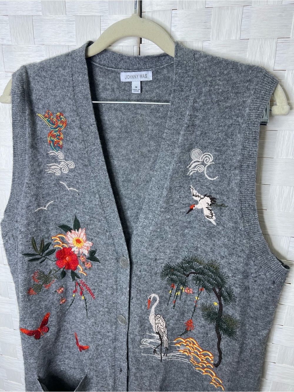 Johnny Was Gray Wool Cashmere Embroidered Long Sweater Vest Duster Cardigan (M) - Picture 8 of 16